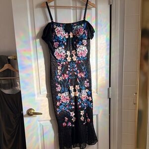 Guess Black Midi Dress with Multicolor Floral Embroidery